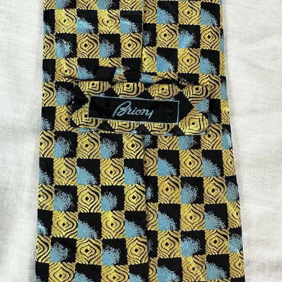 BRIONI Extra Long Suit Tie Silk Blue Black Gold Based Woven Handmade In Italy - Picture 2 of 16